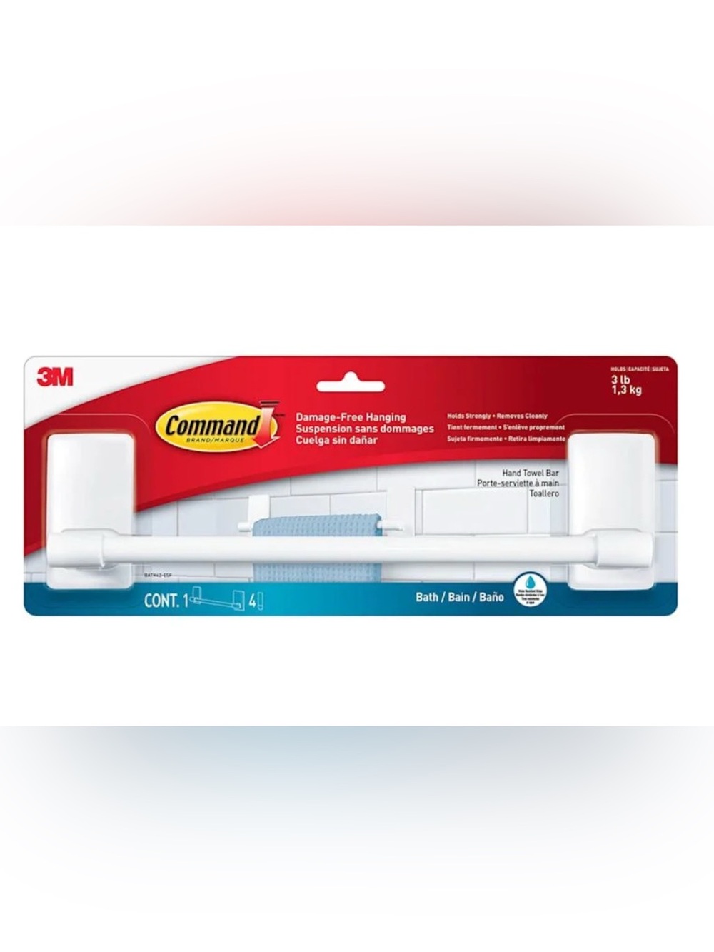 Command Bath Plastic Towel Bar, White Hand Towel Rack 3lb 4 Strips